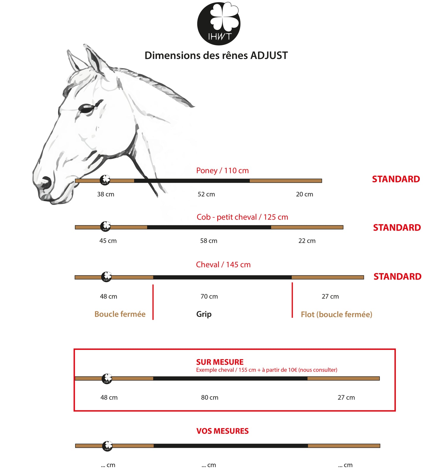 Rênes Adjust avec mousquetons – cuir et grip – fabrication française – In horse we trust