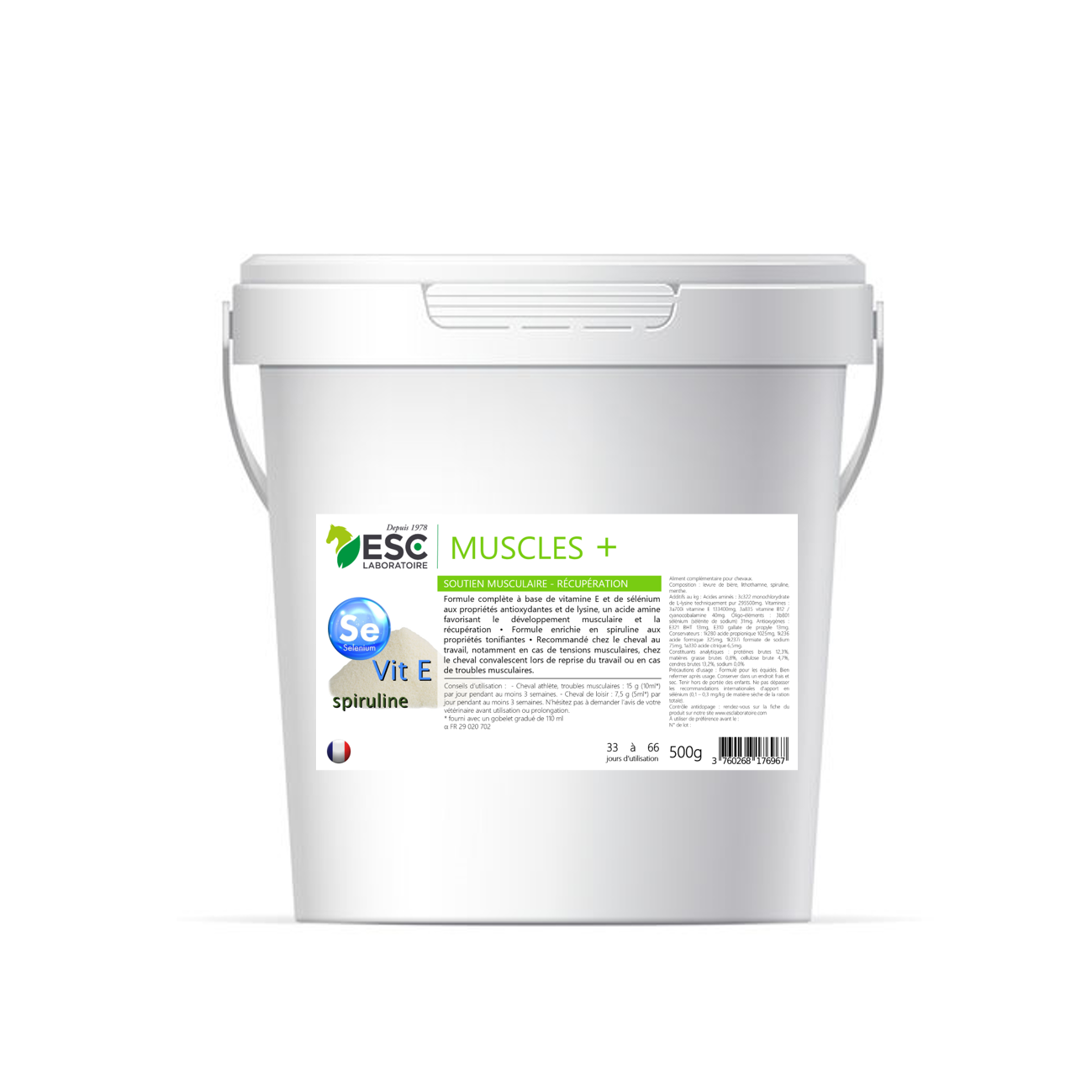 Complément musculaire naturel MUSCLE+ ESC pour chevaux – seau 500 g, Vitamine E, lysine, spiruline, soutien récupération et performance.