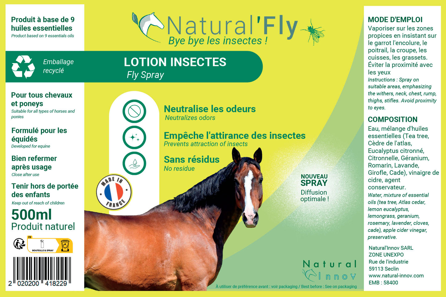 Natural’Fly Natural Innov – Spray Anti-Insectes Naturel pour Chevaux