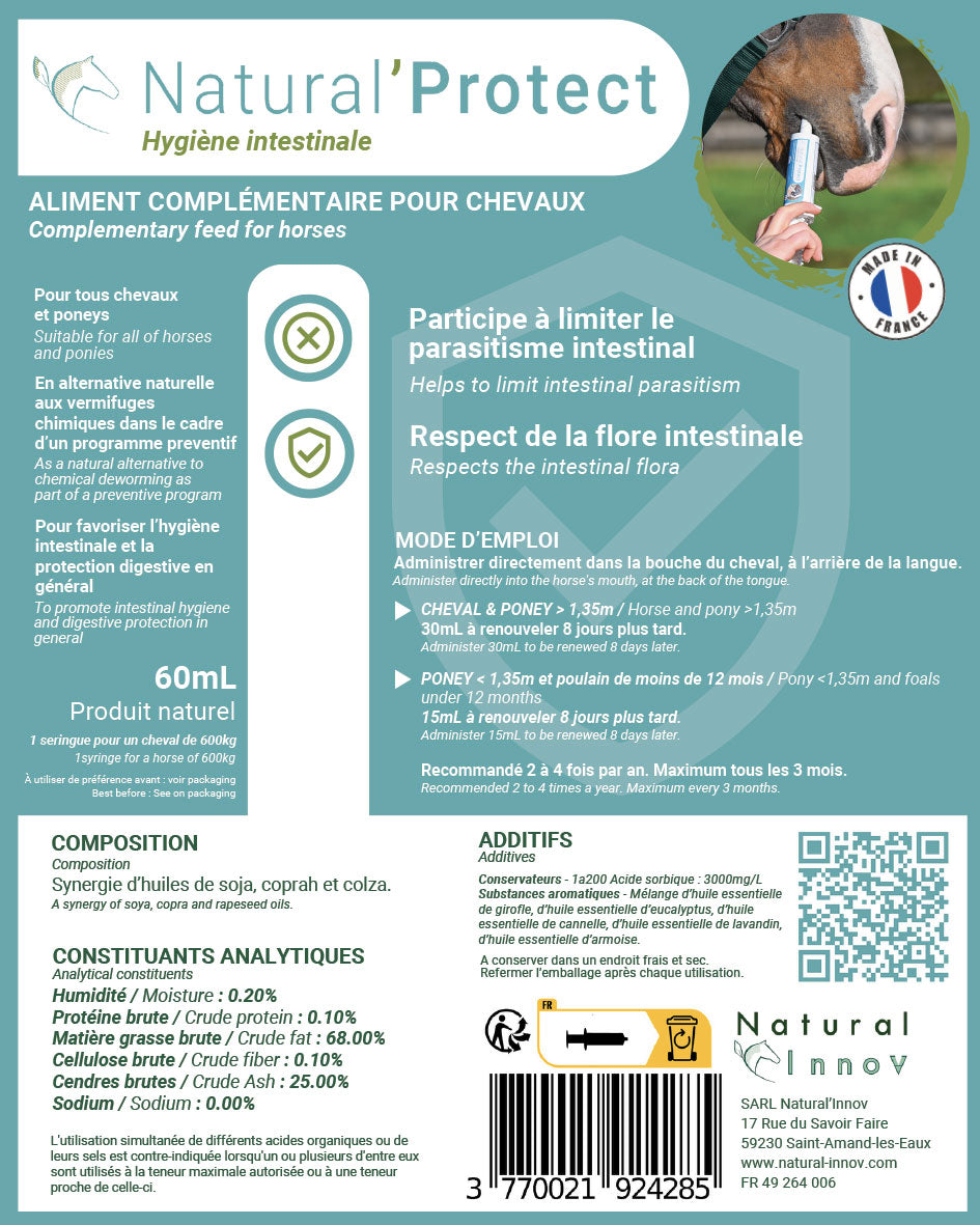 Natural'Protect Natural Innov – Complexe d’Huiles Naturelles Anti-Parasites Intestinaux pour Chevaux