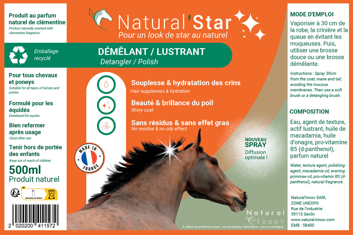 Natural’Star Natural Innov – Spray Démêlant et Lustrant Naturel pour Chevaux