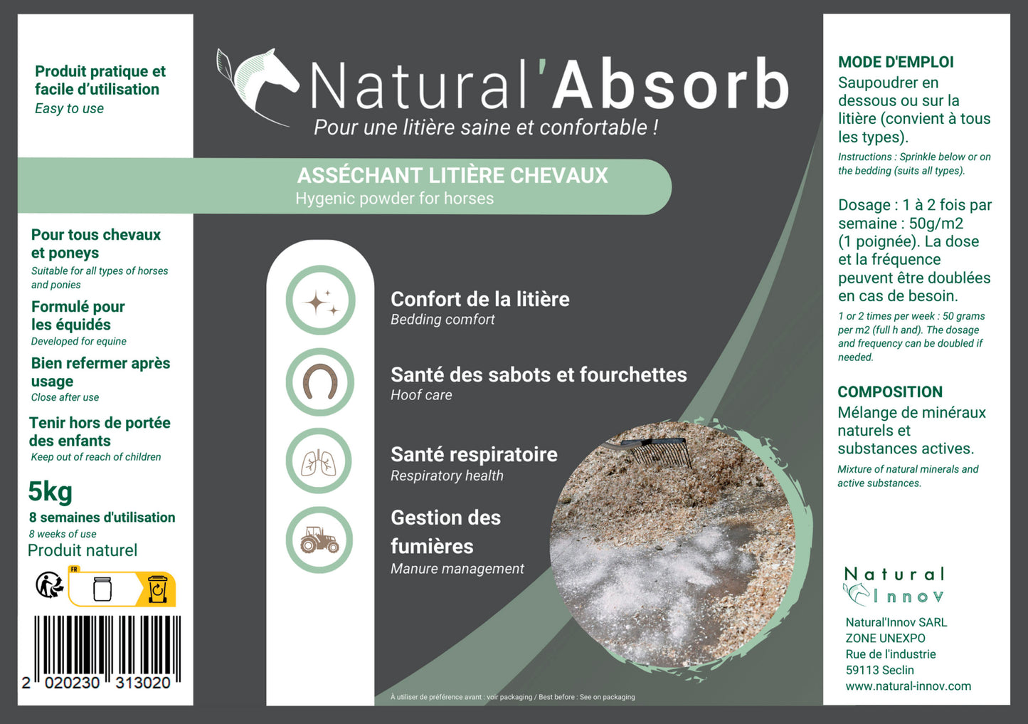 Natural’Absorb Natural Innov – Litière Absorbante Cheval Santé Sabots & Respiratoire