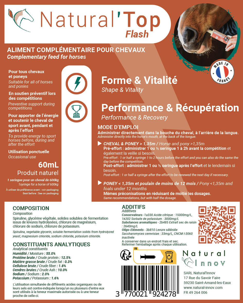 Natural’Top FLASH Natural Innov – Complément Énergie et Récupération en Pâte pour Chevaux