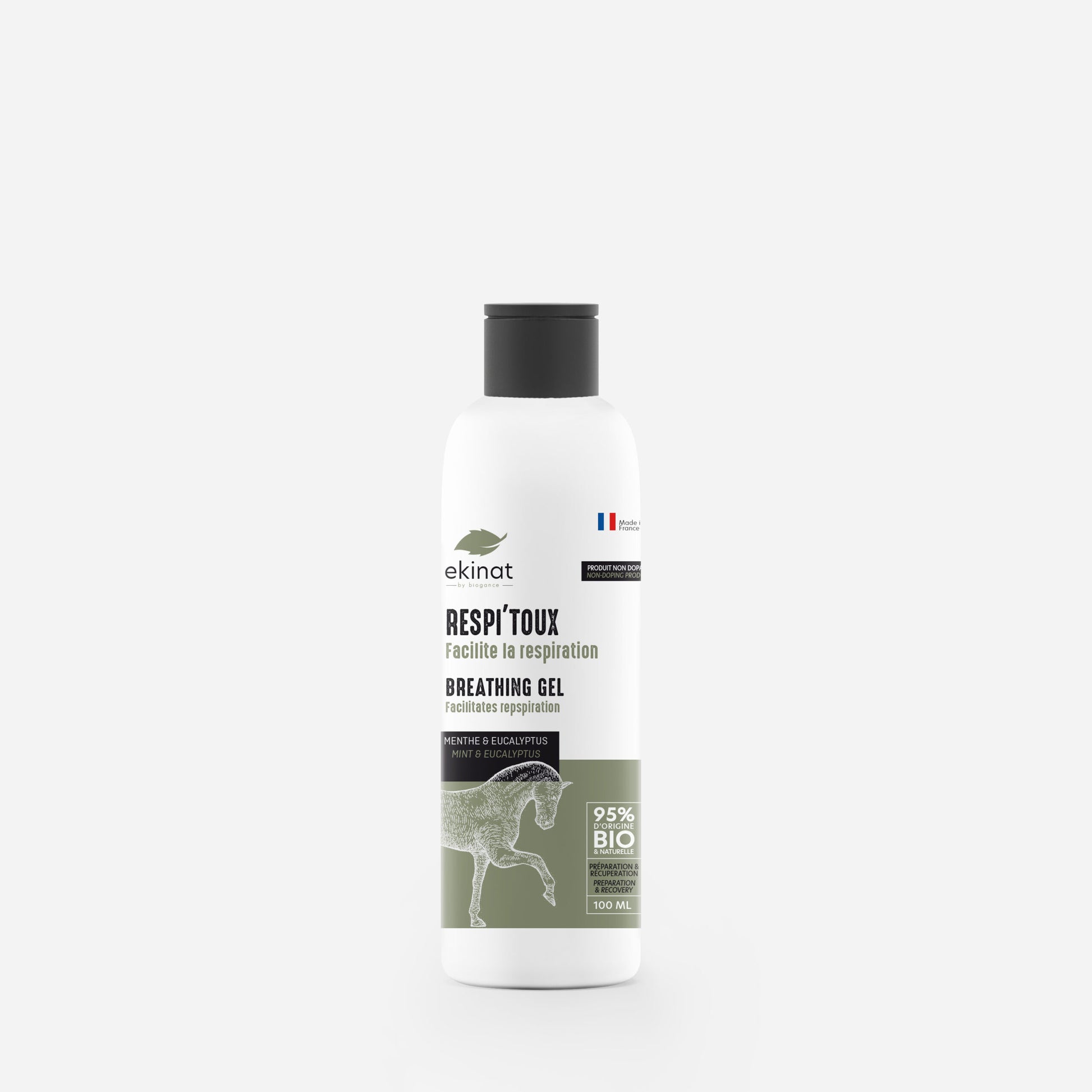 Gel respiratoire naturel Respi'toux Ekinat pour chevaux – flacon 100 mL, facilite la respiration, 95% bio