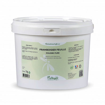 Framboisier feuille Nutragile pour chevaux – seau 1 kg, poudre pure pour équilibre hormonal et confort utérin des juments