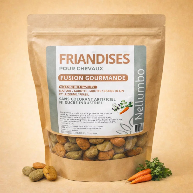 Friandises fusion gourmande pour chevaux - Carotte, graines de Lin & Luzerne - Nellumbo
