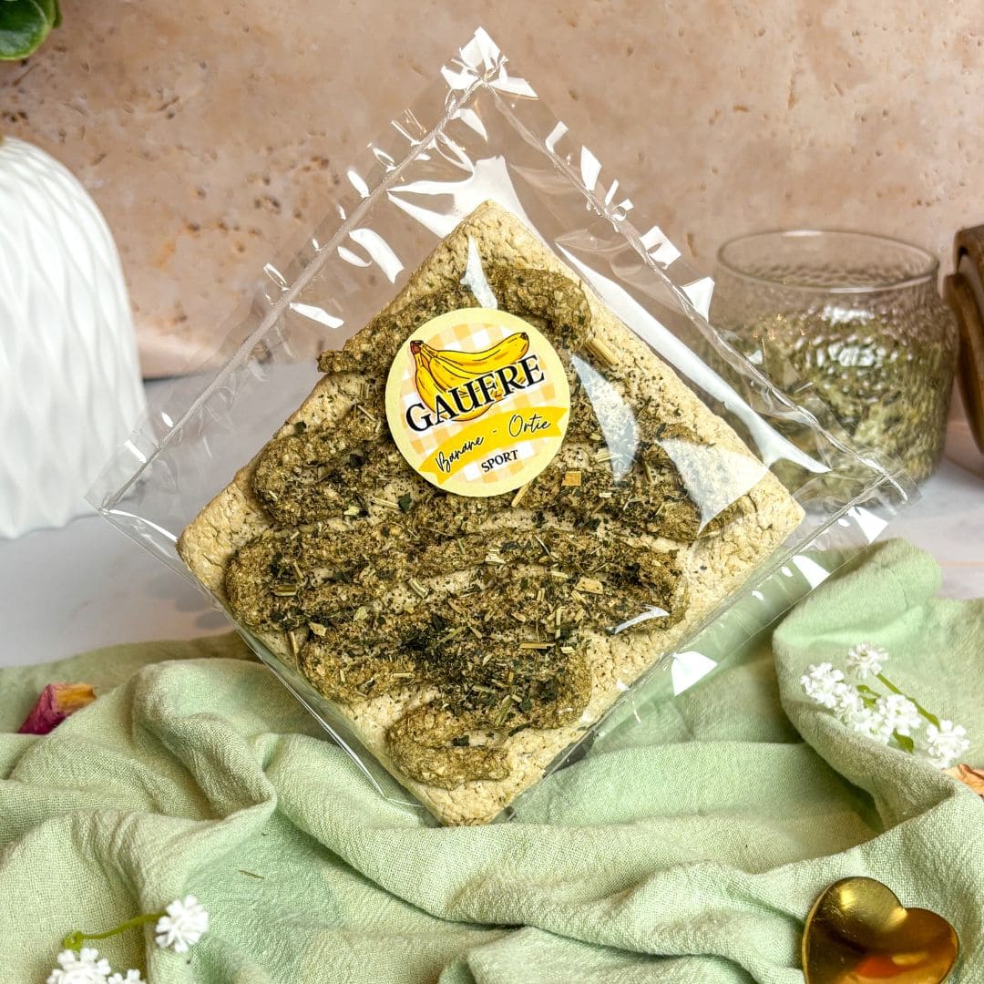 GaufreBio Sport Banane & Ortie – friandise complémentaire bio pour chevaux sportifs, énergie et récupération naturelle