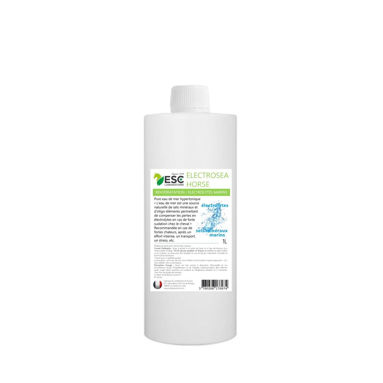 Solution naturelle d’électrolytes marins Electrosea ESC pour chevaux – flacon 1 L, réhydratation après effort ou chaleur. 