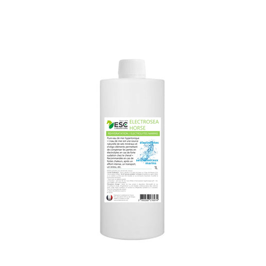 Solution naturelle d’électrolytes marins Electrosea ESC pour chevaux – flacon 1 L, réhydratation après effort ou chaleur. 