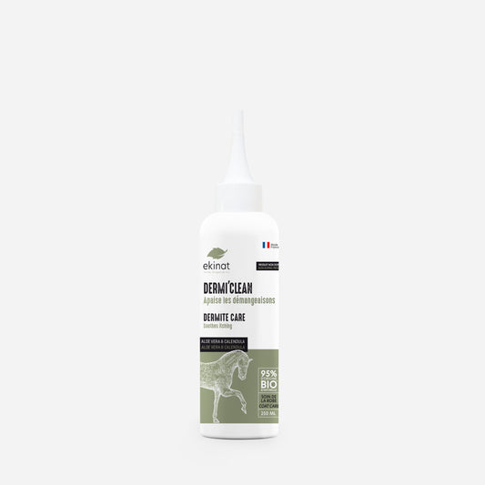 Soin naturel anti-dermite Dermi’clean Ekinat pour chevaux – flacon applicateur 250 mL, apaise les démangeaisons, 95% bio. 