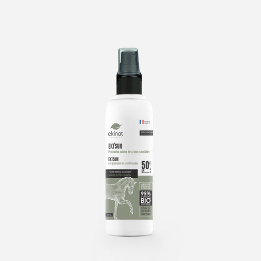Crème solaire naturelle Eki’Sun Ekinat pour chevaux – flacon spray 100 mL, protection SPF 50+, zones sensibles, 95% bio. 