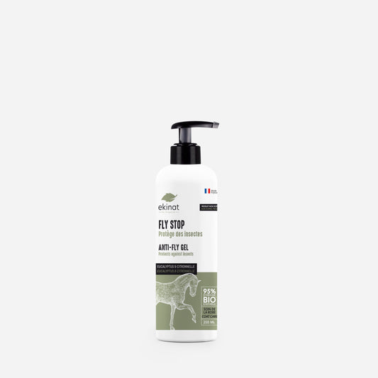 Gel répulsif insectes Fly Stop Ekinat pour chevaux – flacon pompe 250 mL, formule naturelle 95% bio