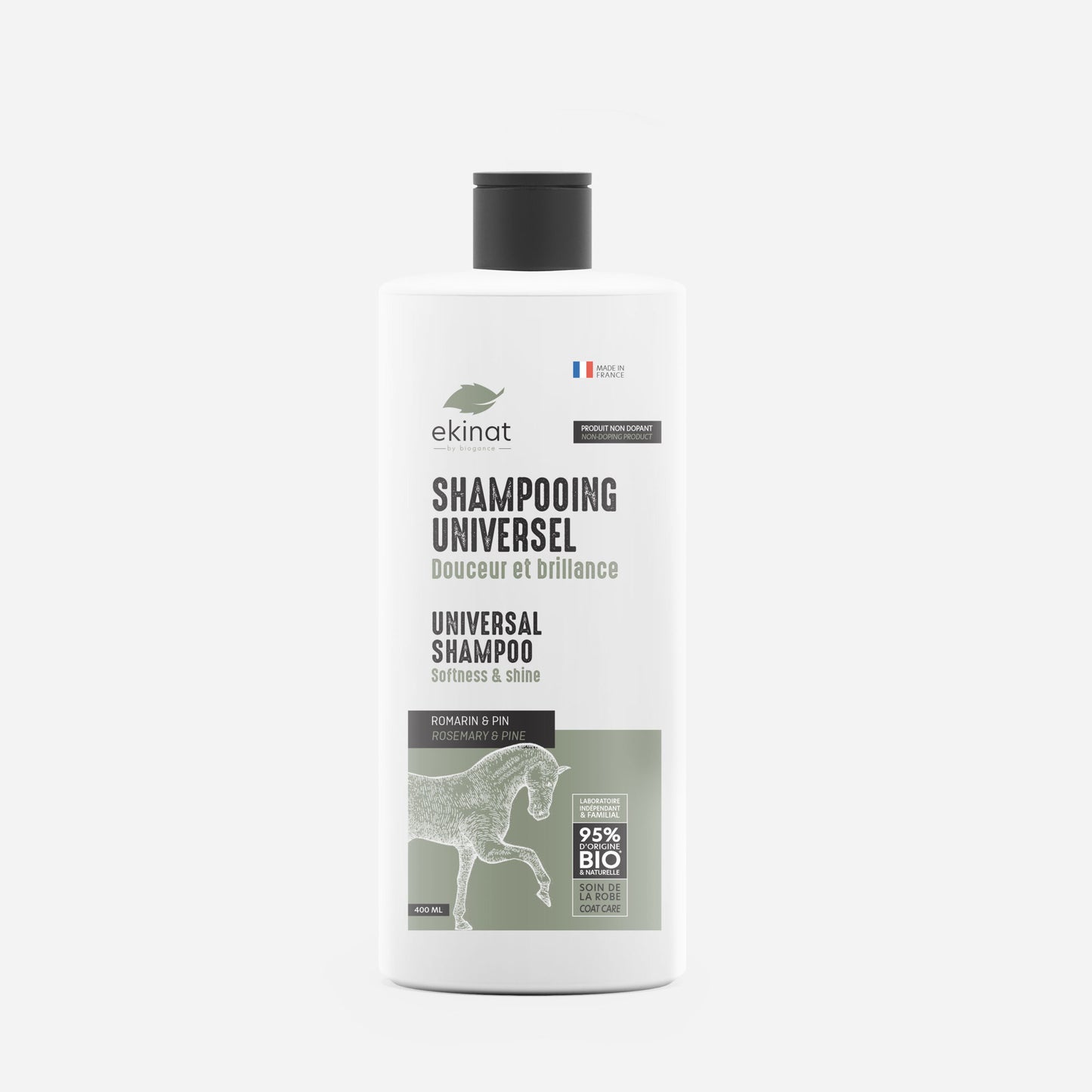 Shampoing universel cheval bio – Nettoyant doux au romarin & pin – Ekinat
